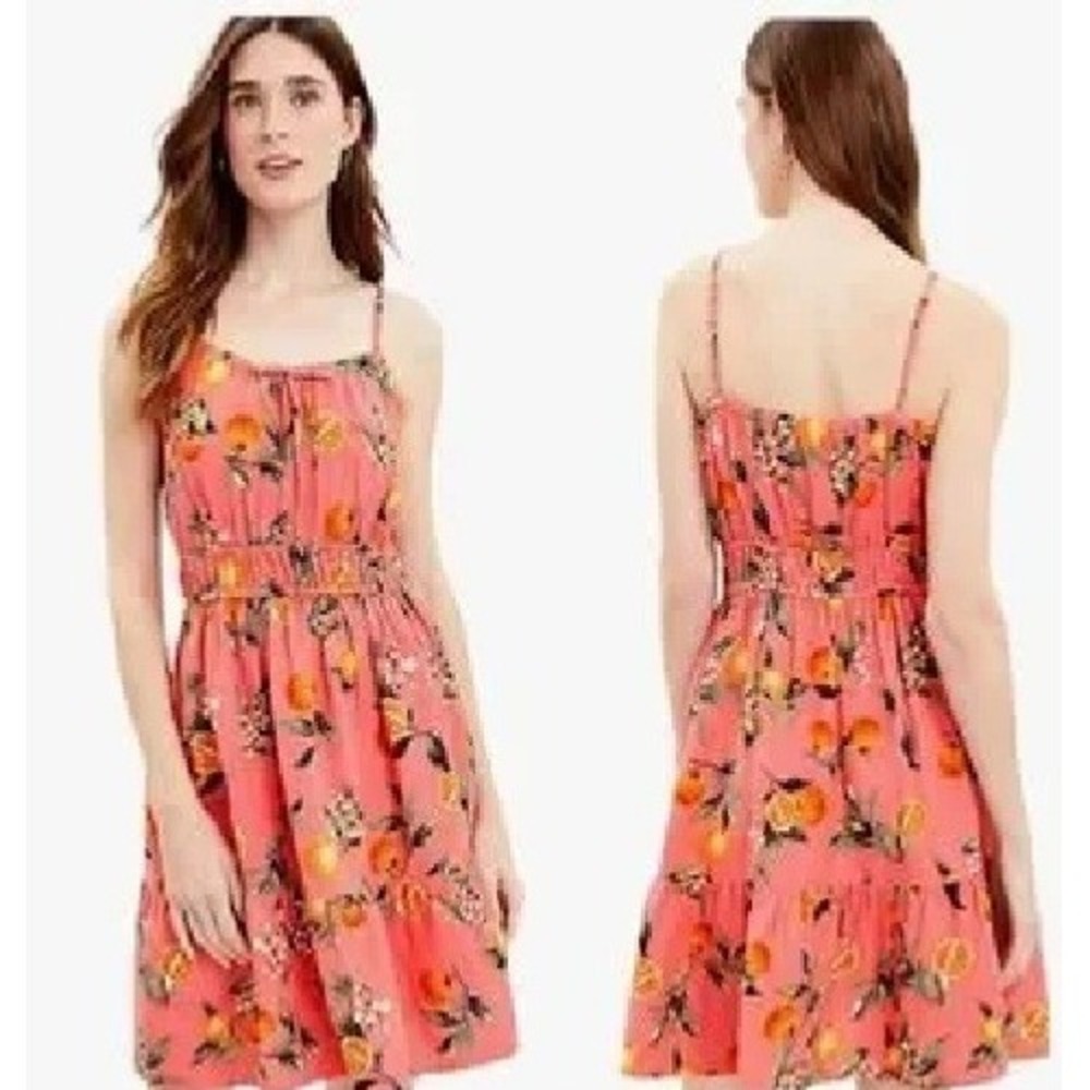 LOFT Coral Pink Orange‎ Harvest Floral Linen Tiered Sun Dress Sleeveless Large